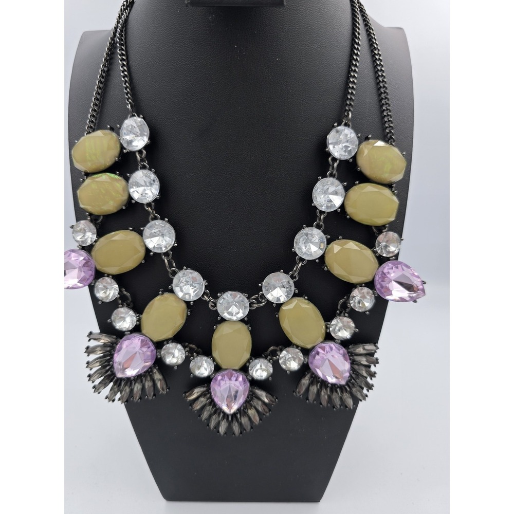 Statement Bib Necklace Multi-Color Rhinestone & Cabochon Fashion Jewelry - Picture 3 of 16